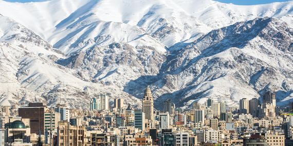 Tehran in winter with the Alborz Mountains in the background