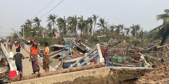 A bridge to Thae Chaung IDP camp destroyed by Cyclone Mocha. 