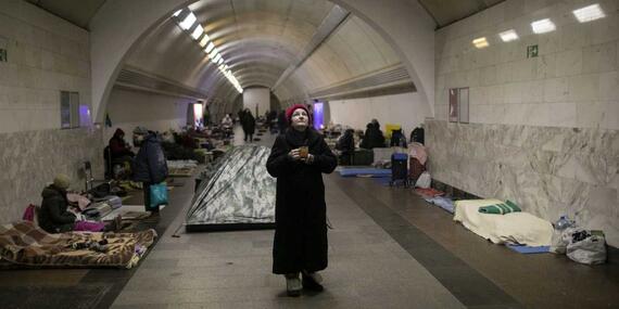 People sheltering in a metro station from shelling in the capital, Kyiv. March 2022.