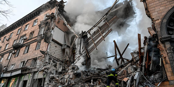 Building with a portion of its structure totally destroyed.