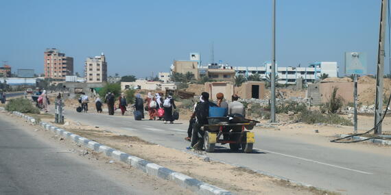 Palestinians fleeing from Al Qarara and Wadi Al Salqa areas in Khan Younis, Gaza following an Israeli evacuation order on 8 August.