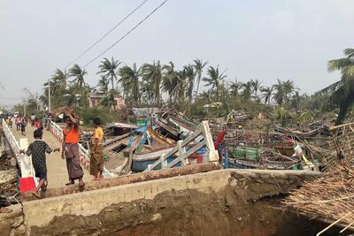 A bridge to Thae Chaung IDP camp destroyed by Cyclone Mocha. 