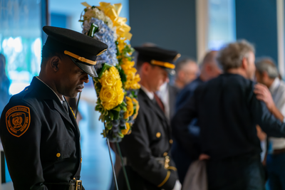 Men wearing UN security uniforms stand next to a wreath with their heads  bowed down in respect.