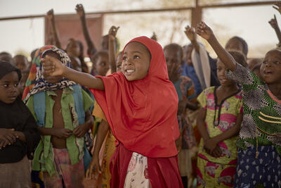 Children inside a large tent in a camp for the internally displaced in Ouallam, Niger