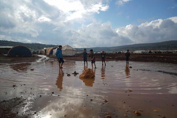 Displaced people in Kafr Aruq Camp in north-west Syria suffering flooding