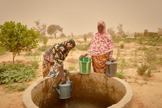 Women collect water from a well in Niger