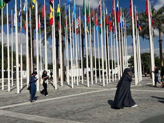 People walk past flagpoles bearing various countries' flags.