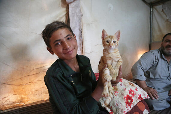 A boy seated on a mat holds a cat inside a tent.