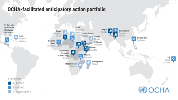 A global map showing locations of anticipatory action projects.