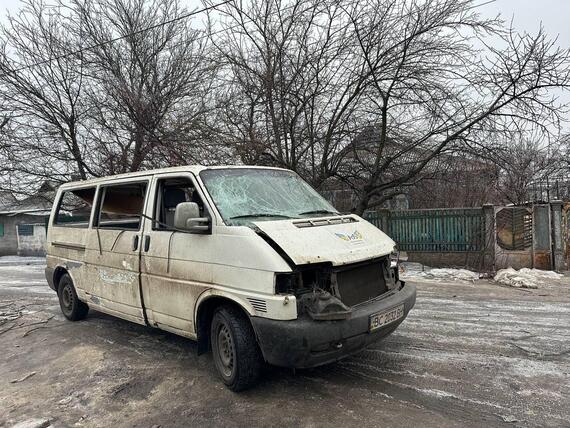 A damaged humanitarian organization vehicle belonging to the Angels of Salvation. Ukraine.
