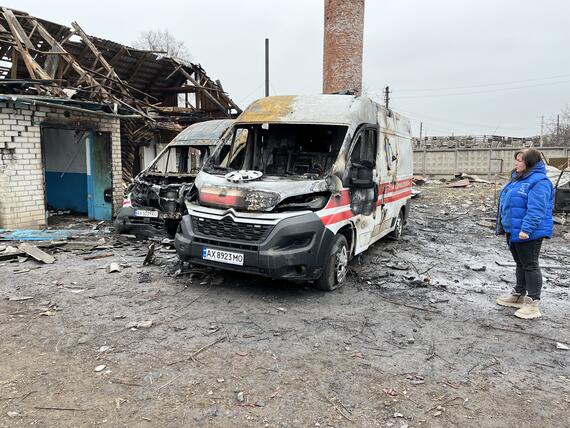 The premises of a local hospital and ambulances were destroyed in a Russian strike in Zolochiv Town, Kharkiv Region.