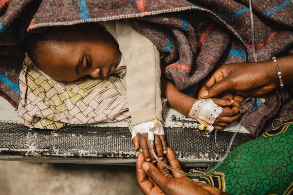 A child suffering from cholera at the Afya Sake Cholera Treatment Centre in DRC’s North Kivu Province.