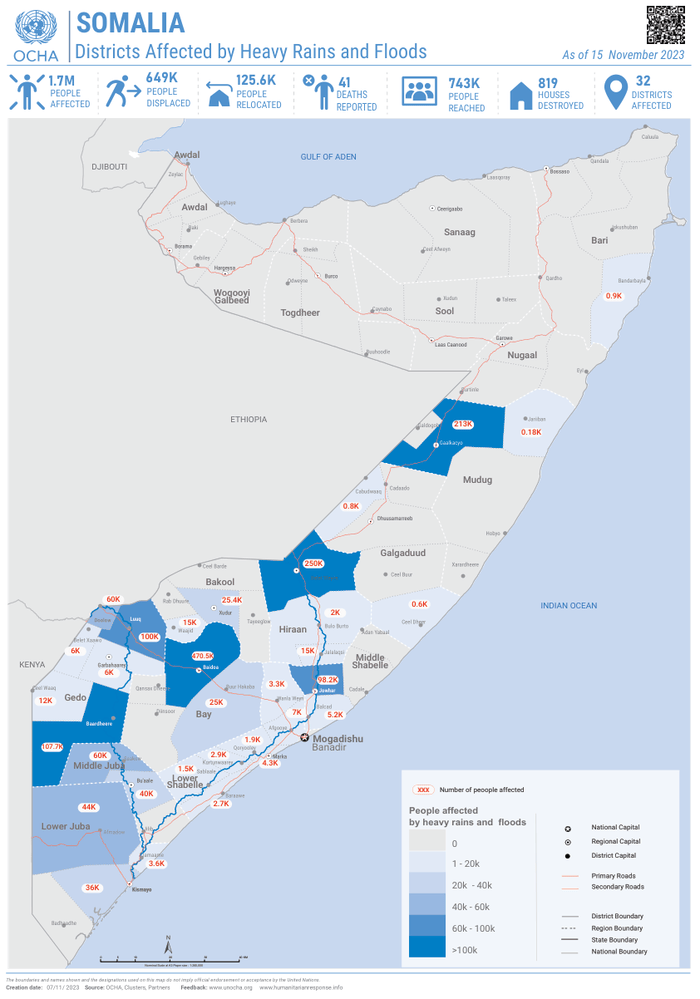 Somalia Districts Affected By Heavy Rains And Floods As Of 15 November 2023 Ocha