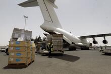 On 10 April 2015, a first airlift of urgent medical and other supplies from UNICEF is unloaded on the tarmac at Sana’a International Airport.