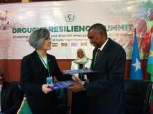 Ms Kyung-wha Kang, the UN Assistant Secretary-General for Humanitarian Affairs and Deputy Emergency Relief Coordinator, and Mr Mahboub Maalim, Executive Secretary of the Intergovernmental Authority on Development, exchange signed MoU during the IGAD Drought Resilience Summit in Kampala, Uganda. 